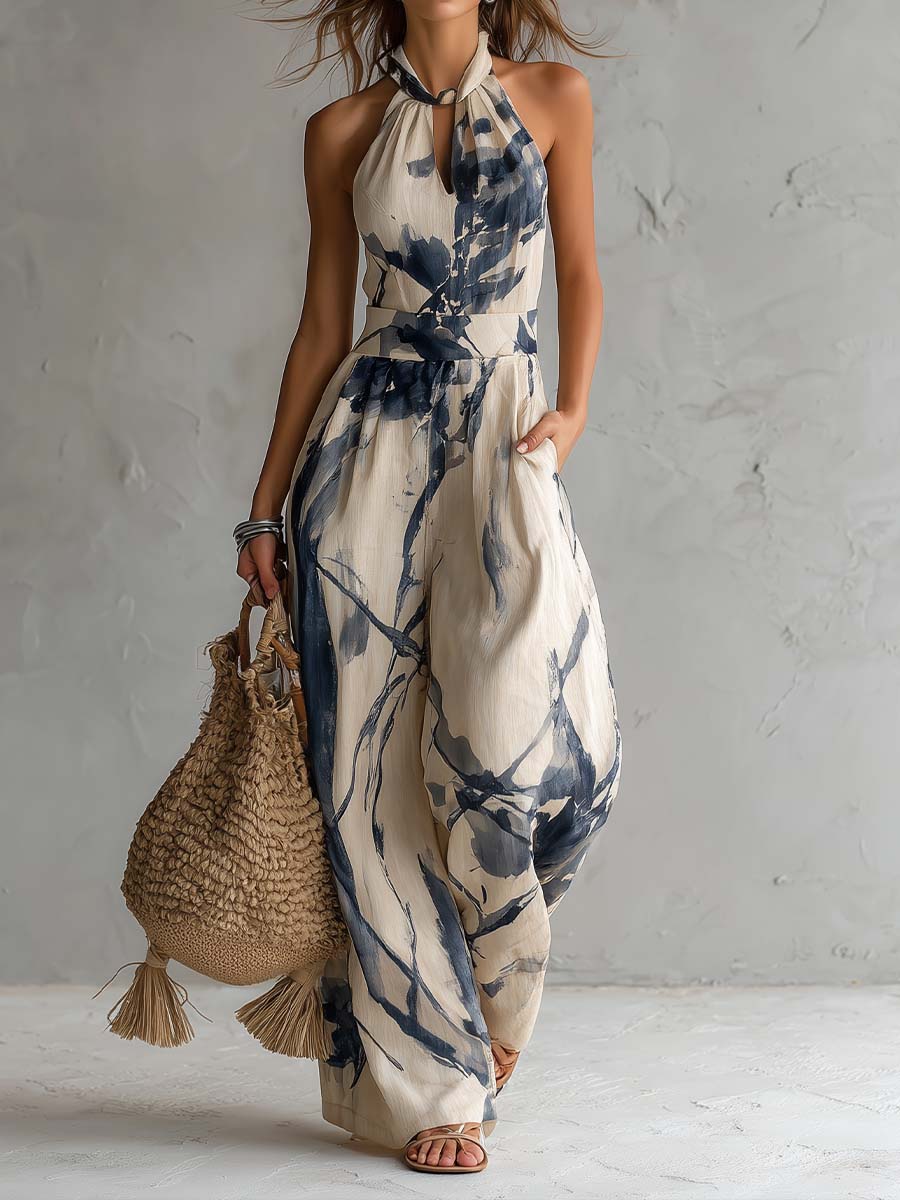 Halter Ink Wash Wide-Leg Jumpsuit
