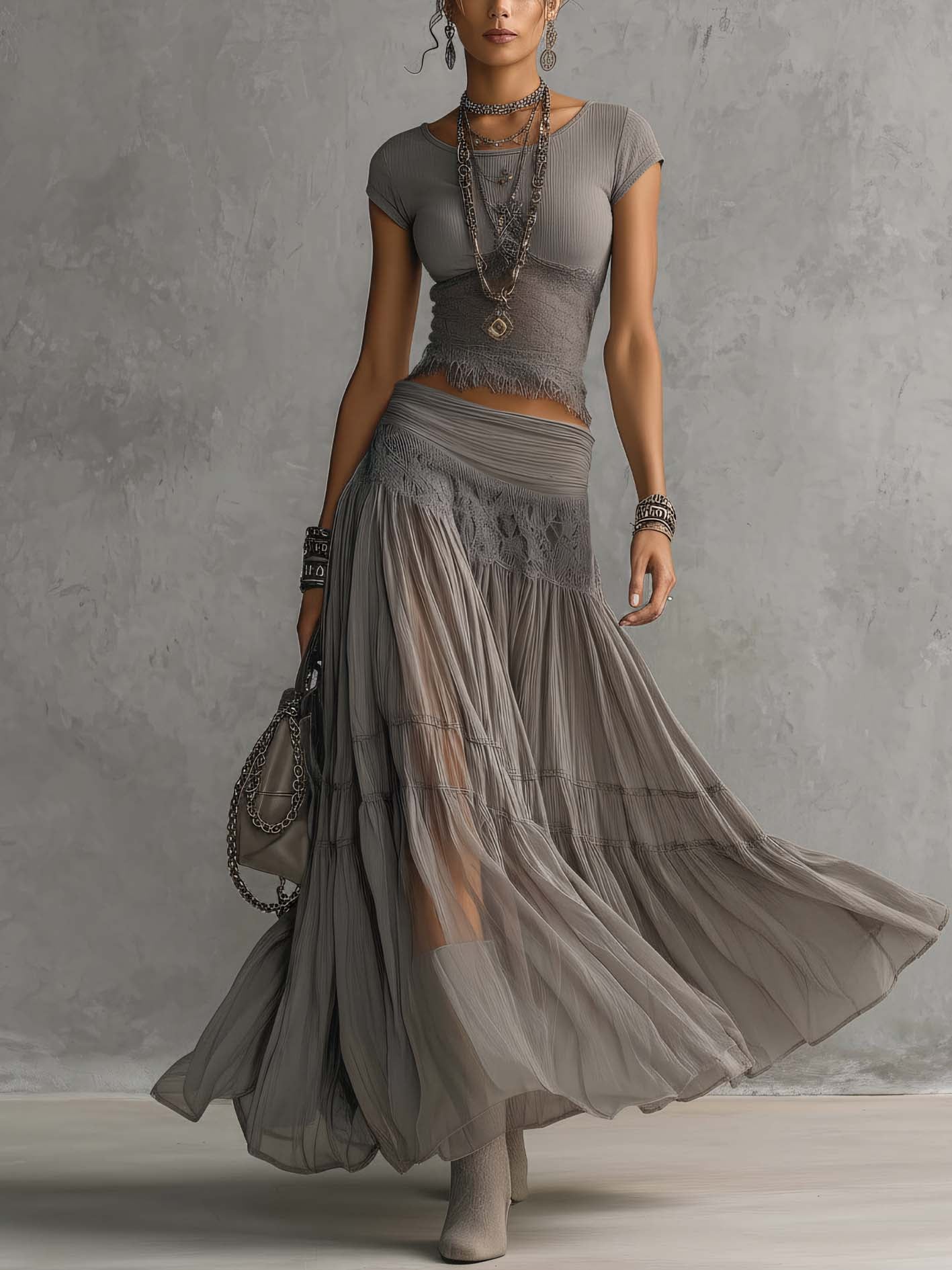 Geneva | Set Consisting of a Transparent Top With Black Lace Panels and a Maxi Pleated Skirt