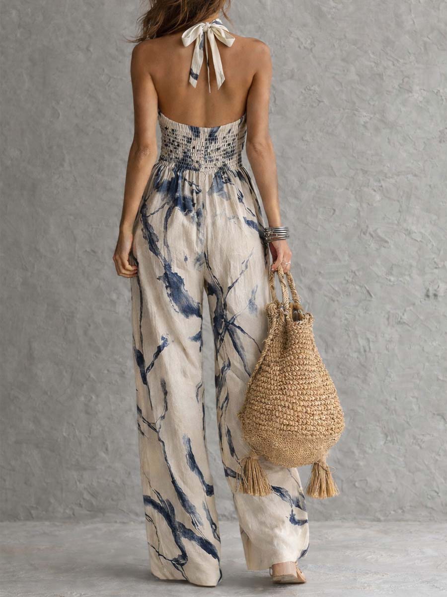 Halter Ink Wash Wide-Leg Jumpsuit