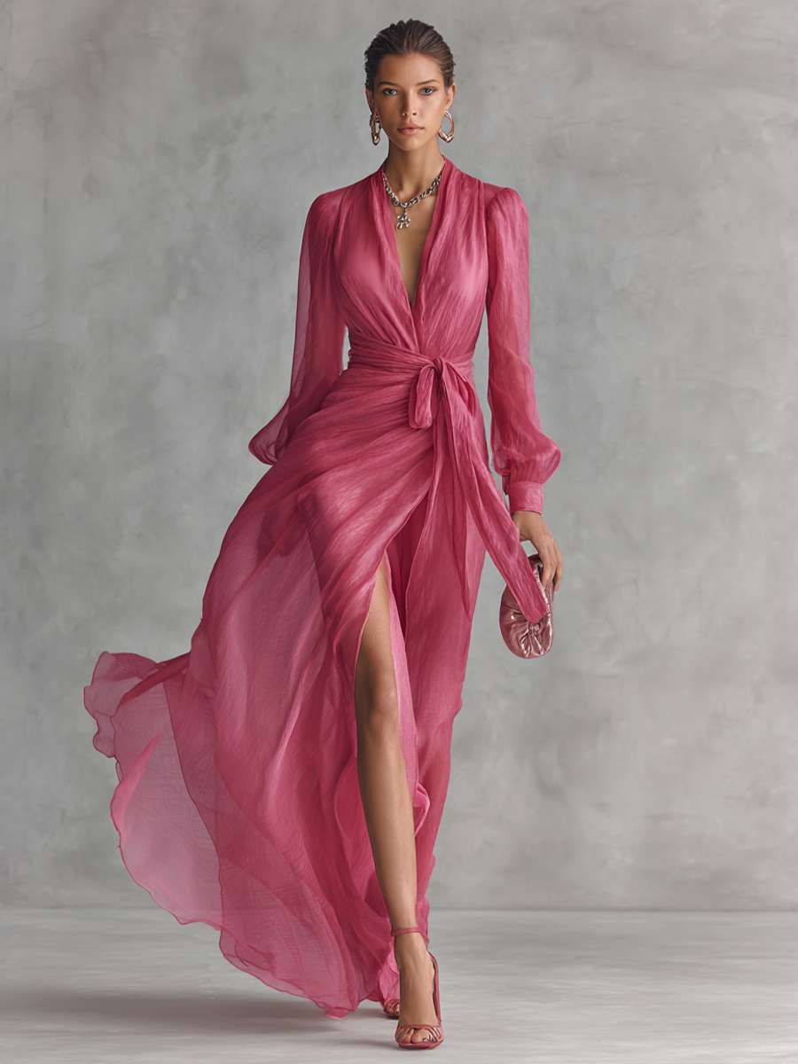 Noemi - Long Chiffon Dress with Beads and V-Neck