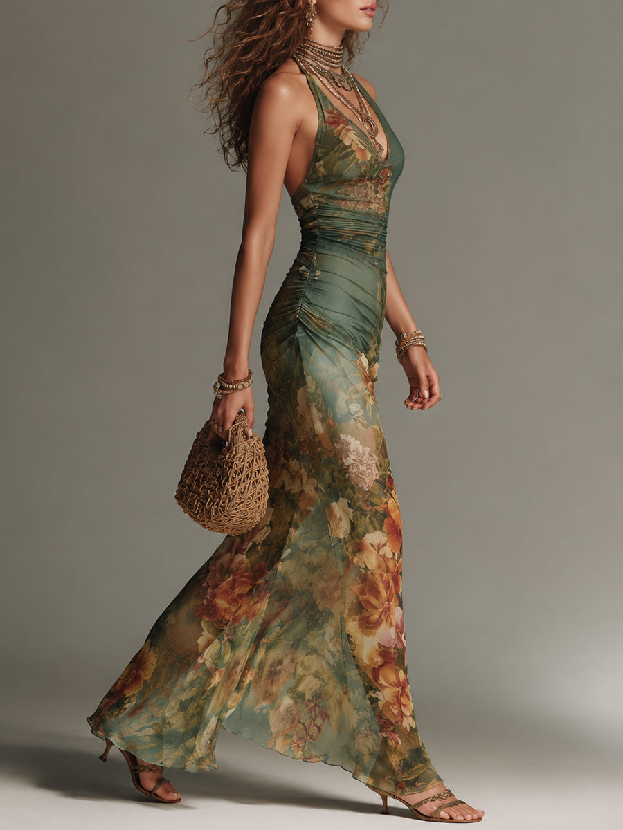 Retro Oil Painting Floral Print Maxi Dress