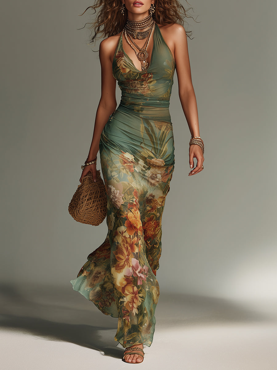 Retro Oil Painting Floral Print Maxi Dress