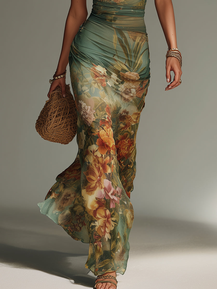 Retro Oil Painting Floral Print Maxi Dress