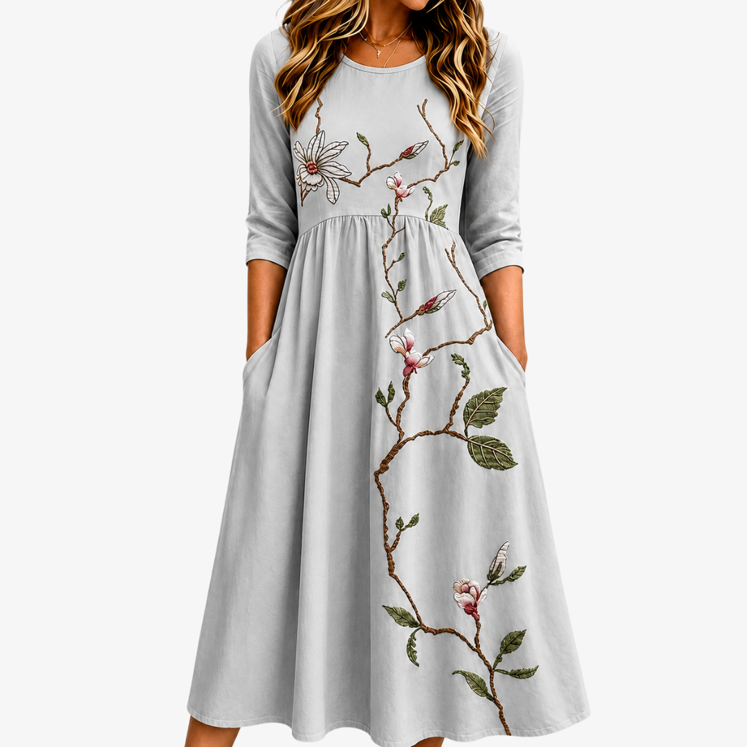Silver Blossom Pocket Midi Dress
