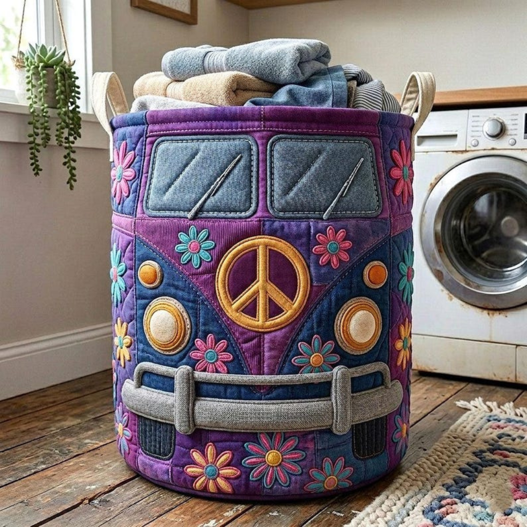 Purple Hippie Bus Quilted Laundry Basket