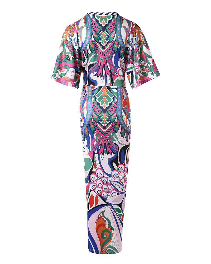 Women's Deep V Neck Abstract Print Ruched Front Slit Maxi Dress