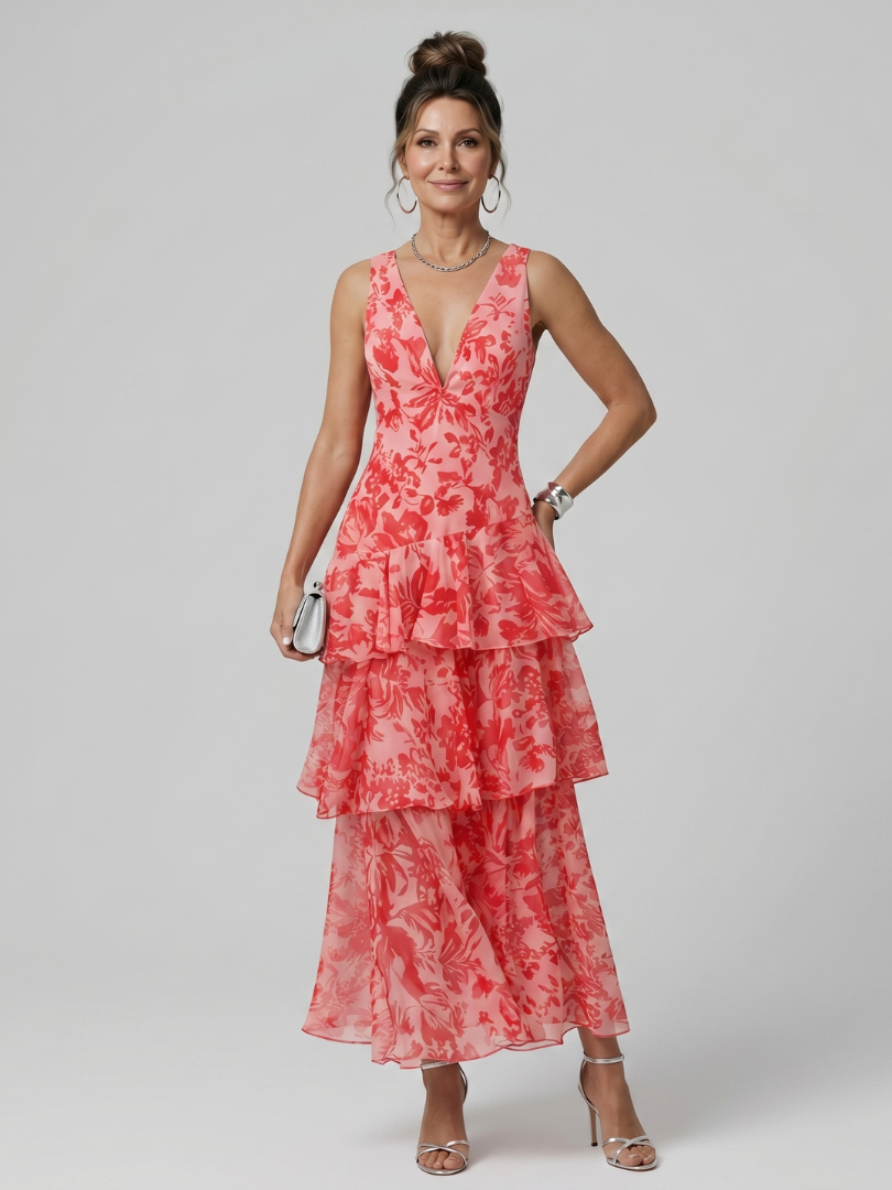 Robe midi Gala sans manches à col en V profond et motif pictural