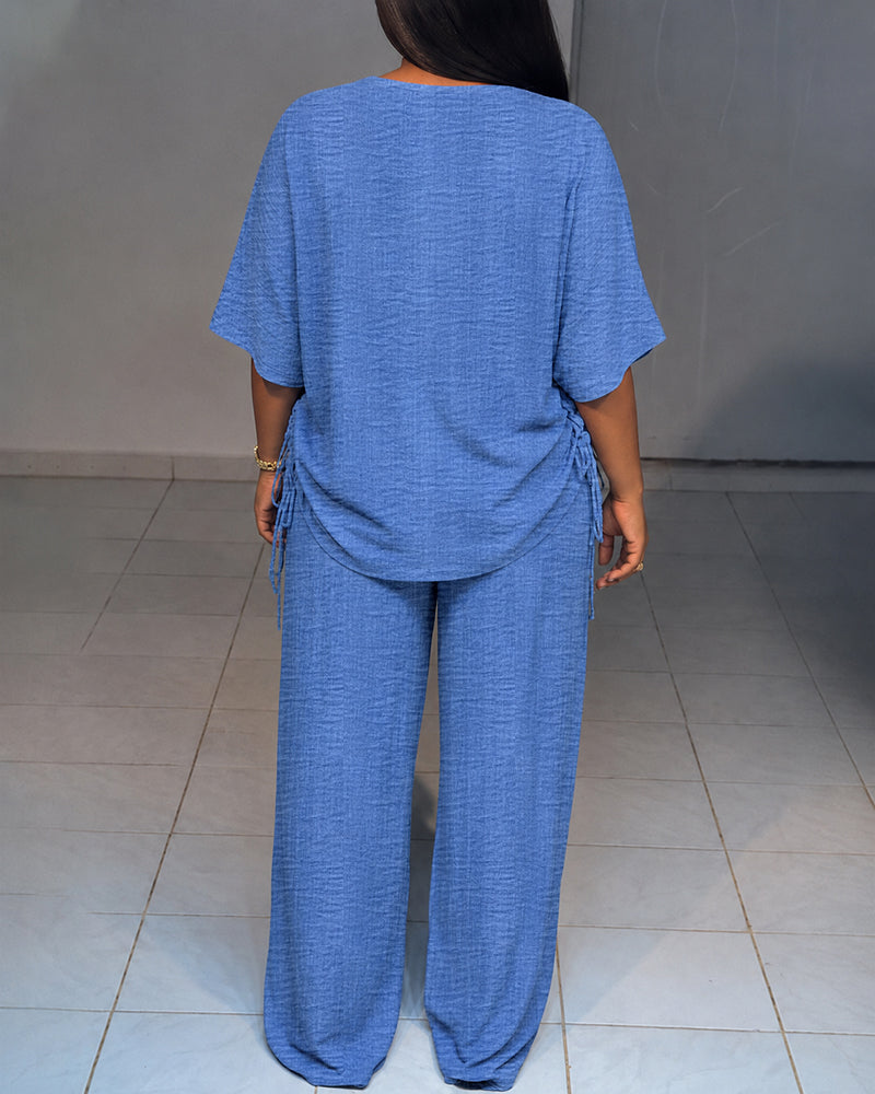 Women's Textured 2 Piece V Neck Drawstring Wide Leg Pants Set