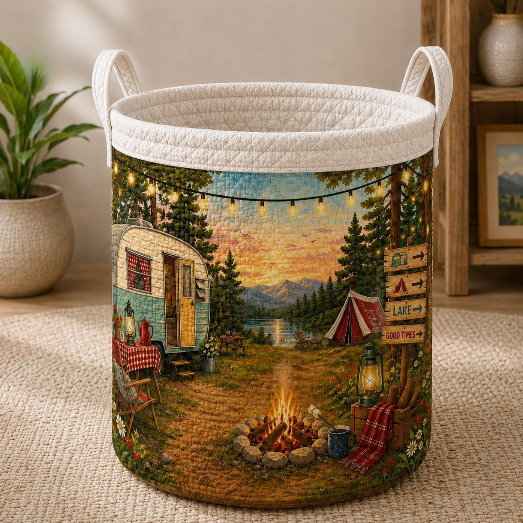 Lake Camping Adventure Quilted Laundry Basket
