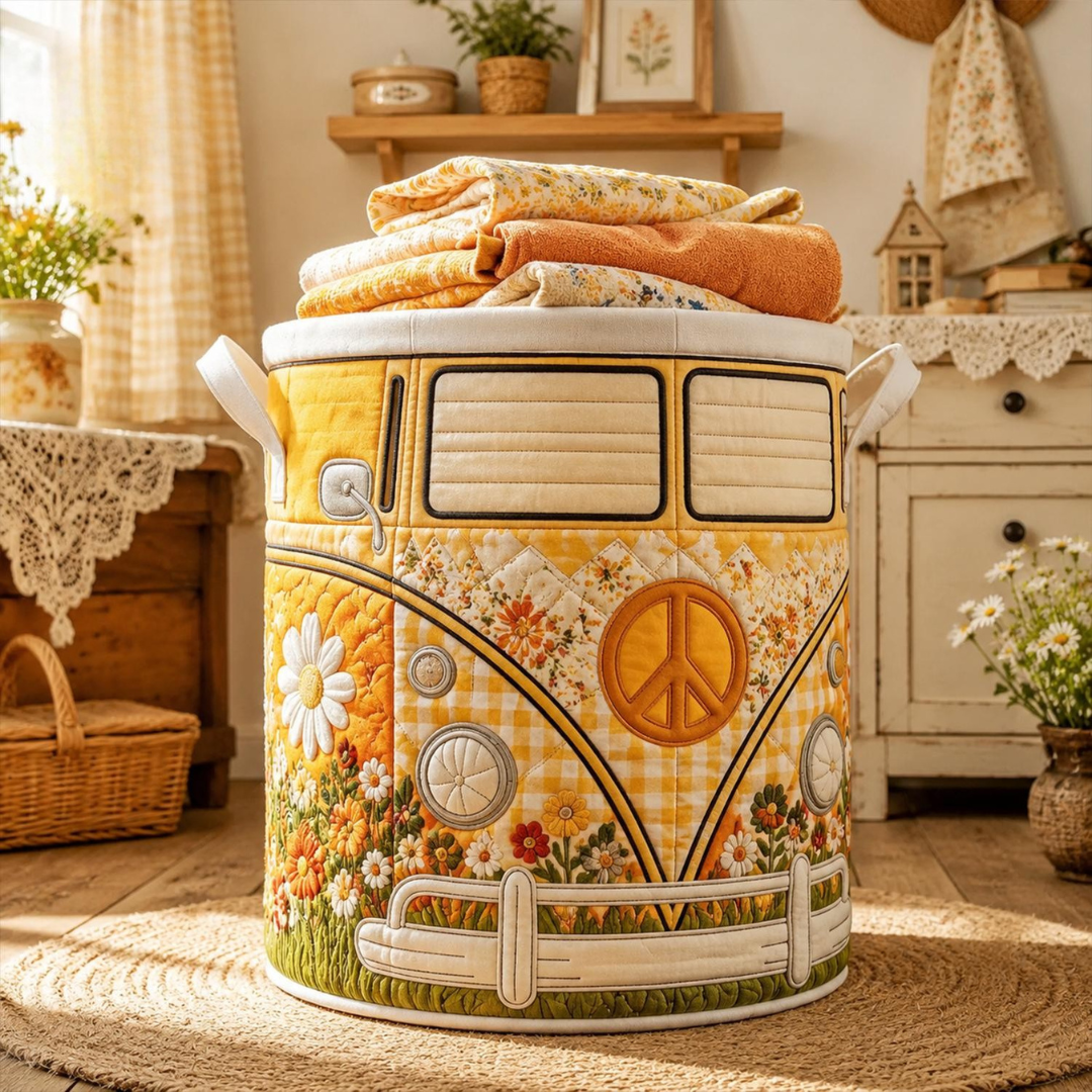 Yellow Hippie Van Quilted Laundry Basket