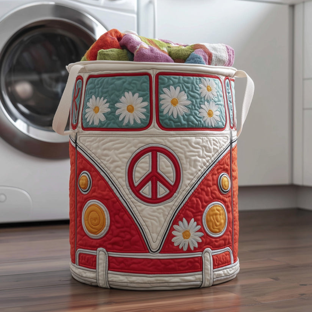 Red Hippie Van Quilted Laundry Basket
