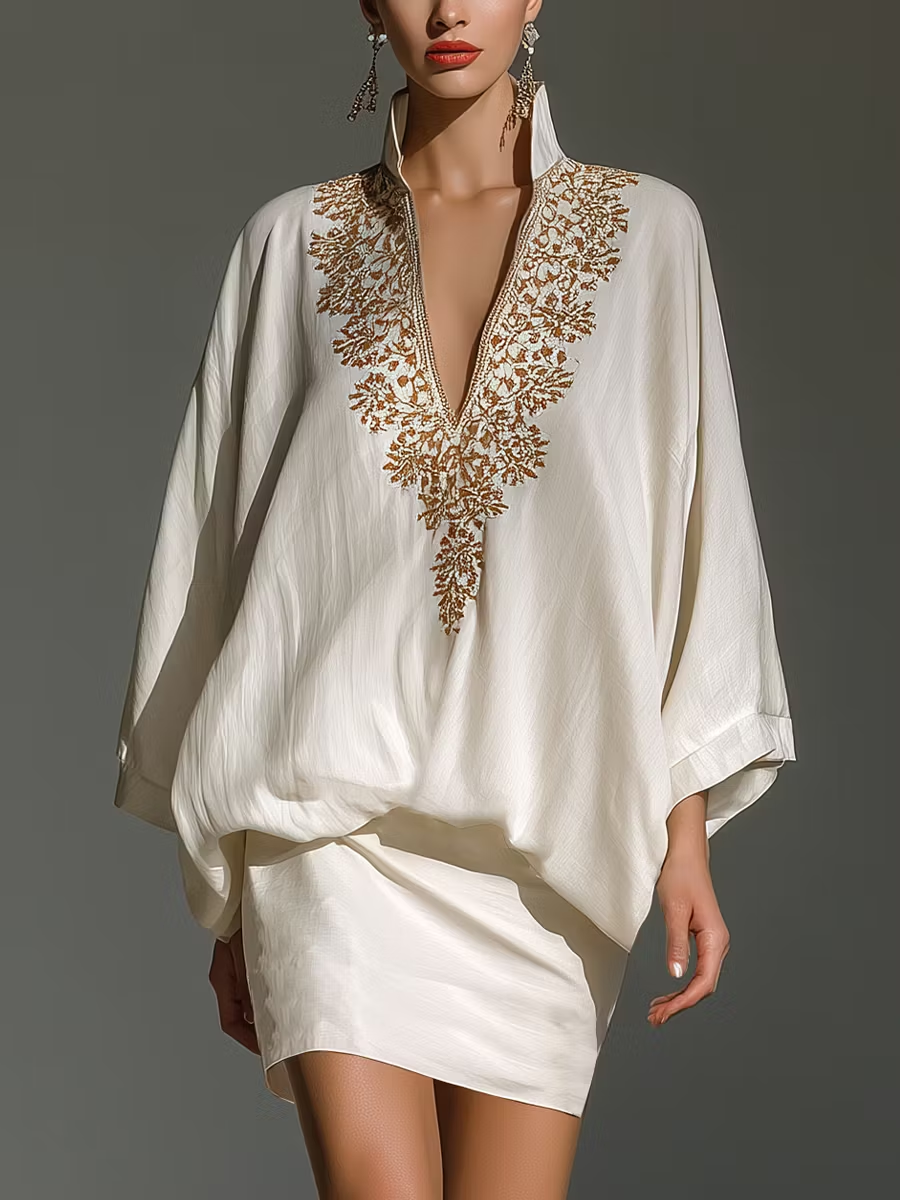 White V-Neck Skirt Set