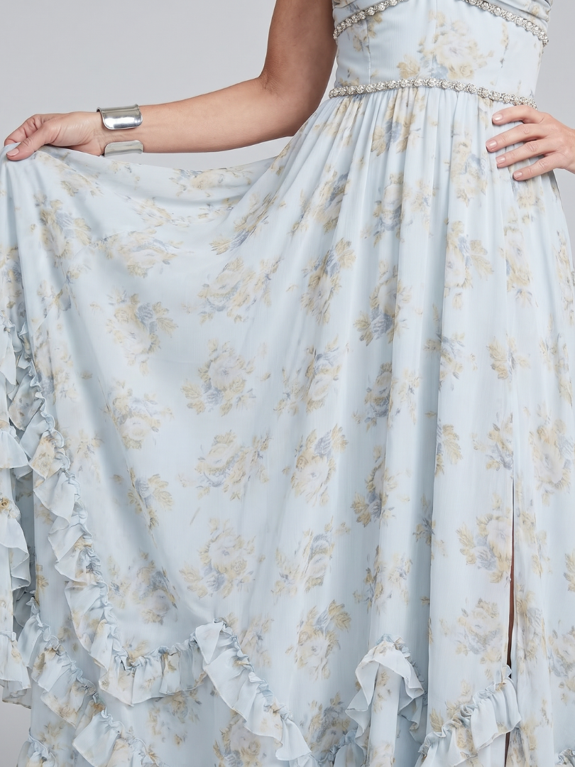 Alessia | Robe longue à col licou avec bretelles florales perlées