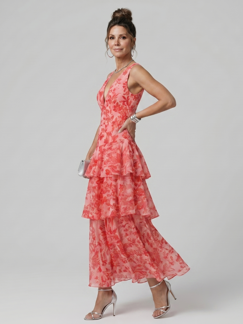Robe midi Gala sans manches à col en V profond et motif pictural