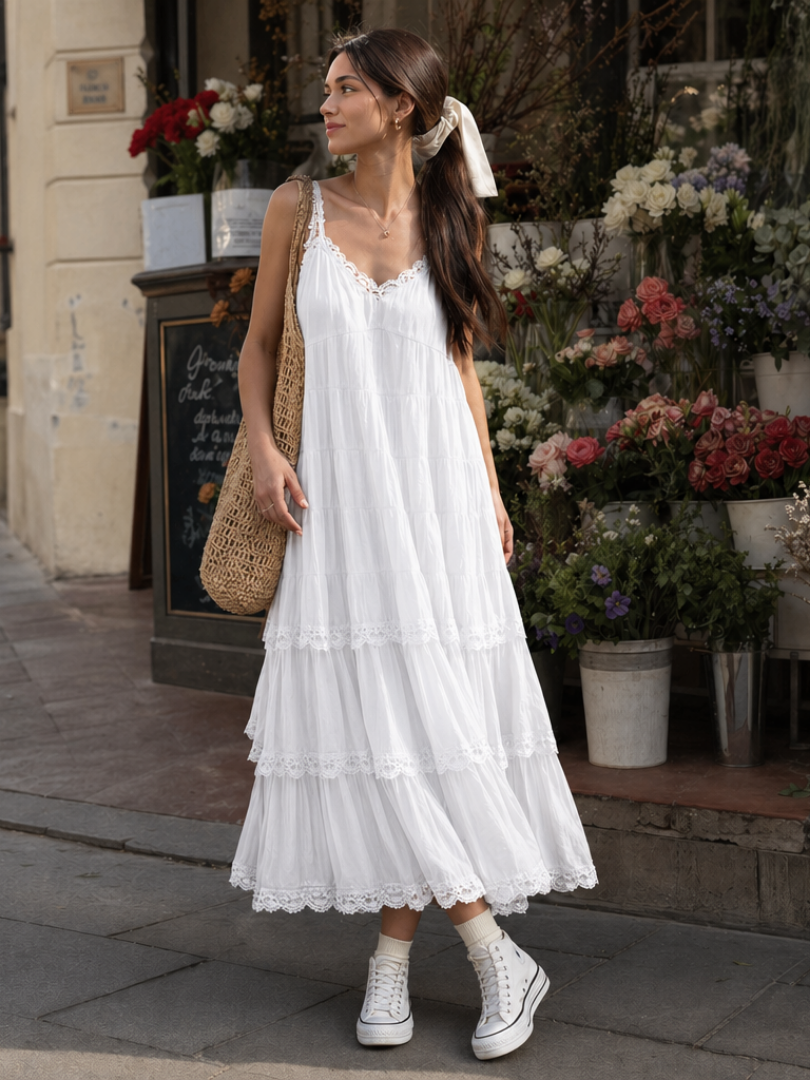 Lorelei | Robe mi-longue superposée en dentelle à fines bretelles