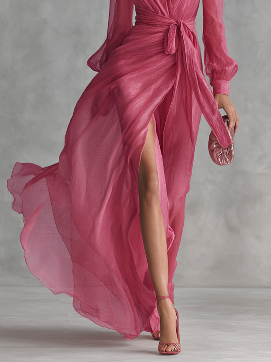 Noemi - Long Chiffon Dress with Beads and V-Neck