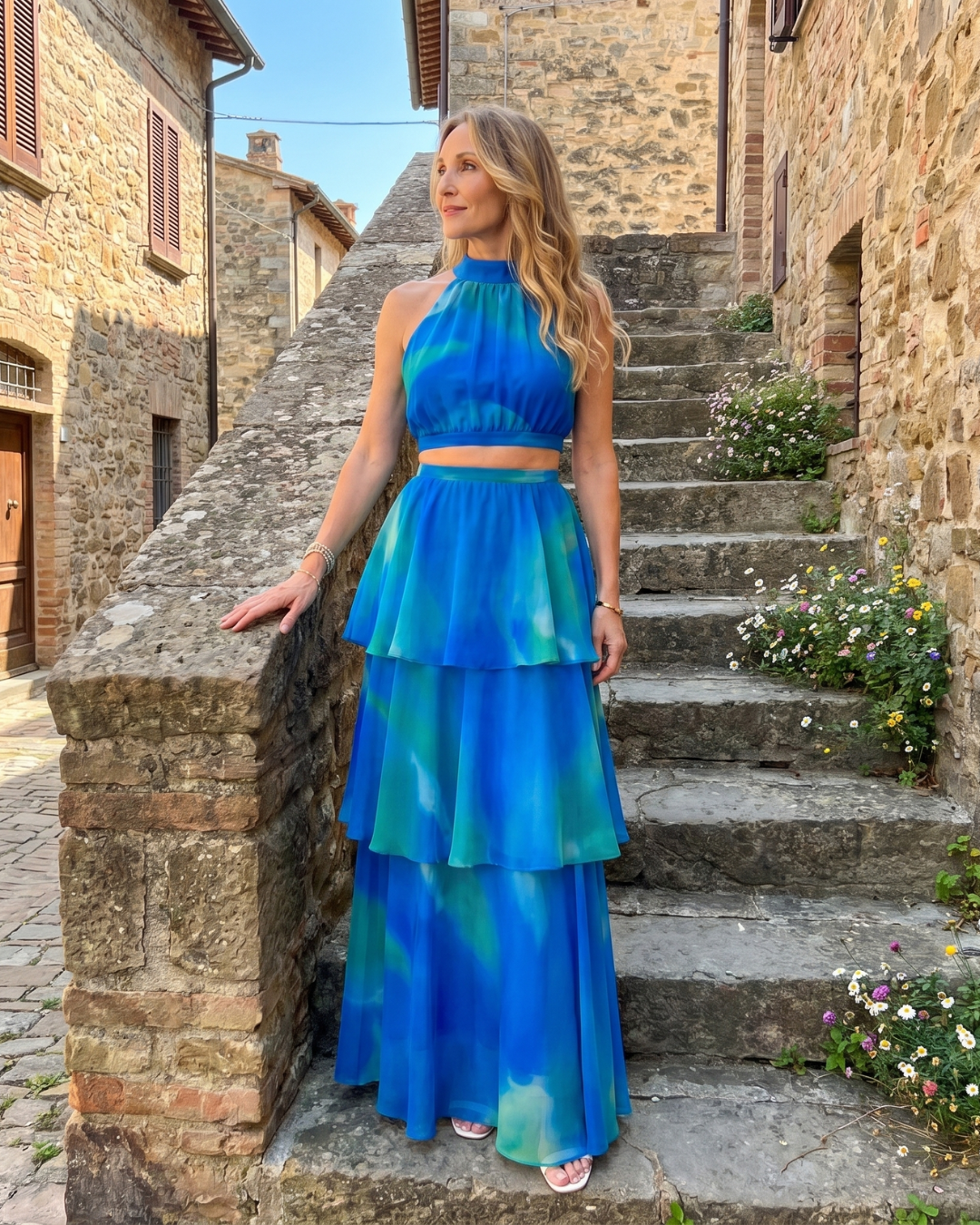 Liora | Natural Floral Halter Cutout Tiered Maxi Dress
