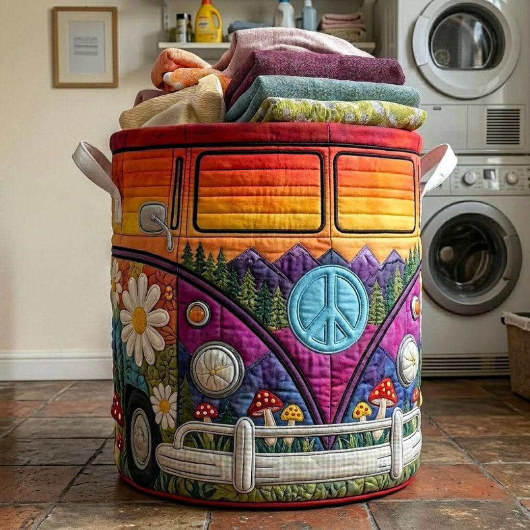 Colorful Hippie Bus Quilted Laundry Basket