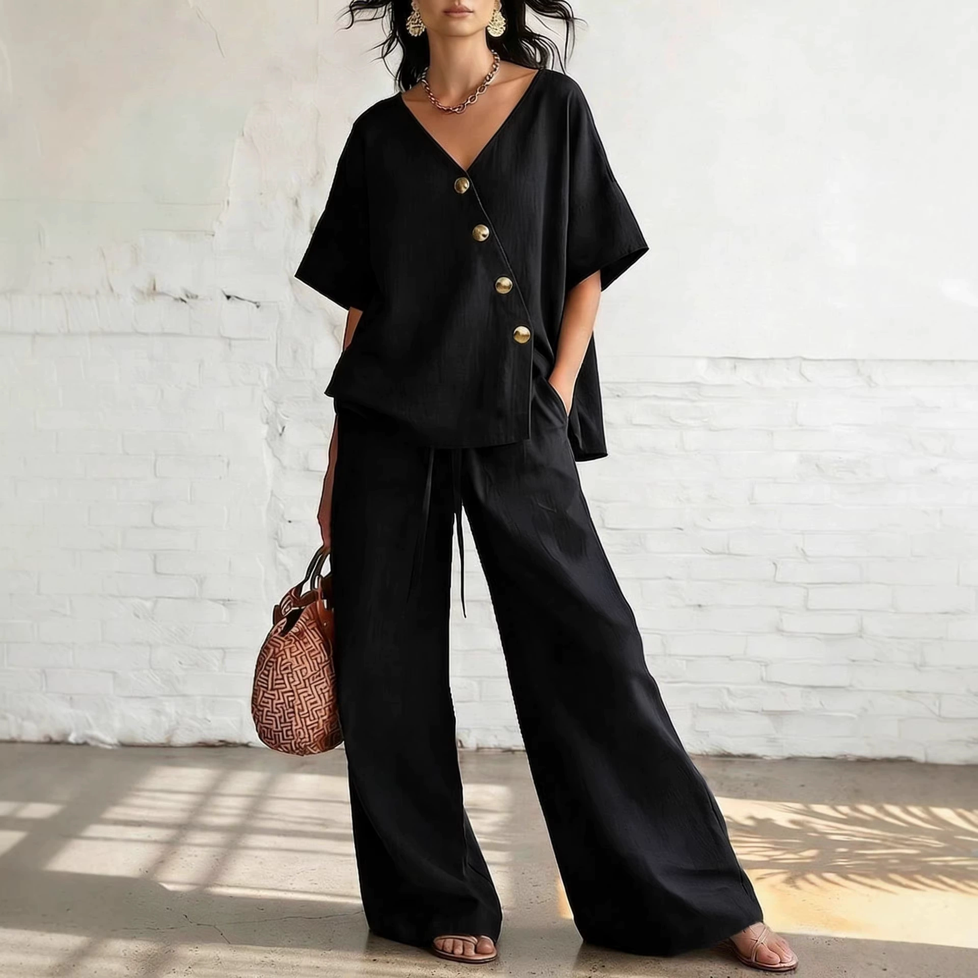 V-Neck Top & Drawstring Pants Lounge Set