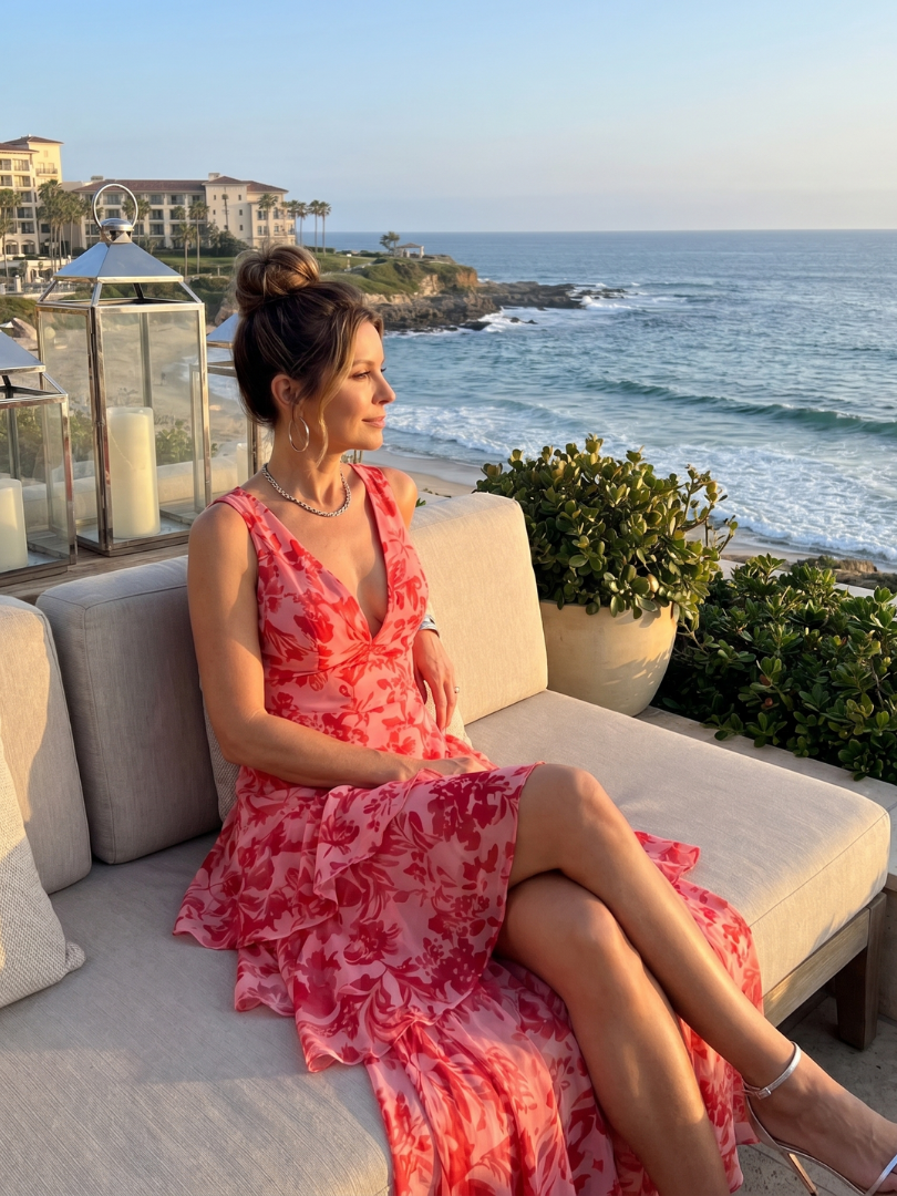 Robe midi Gala sans manches à col en V profond et motif pictural