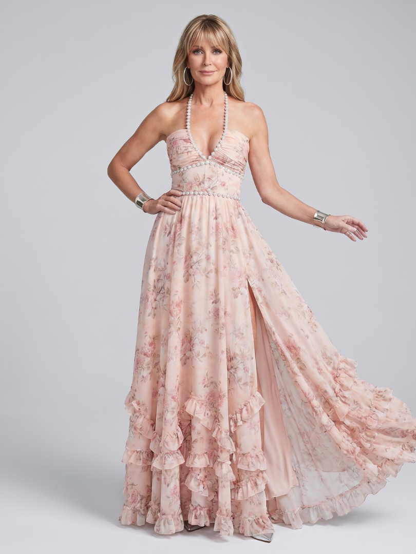 Alessia | Robe longue à col licou avec bretelles florales perlées