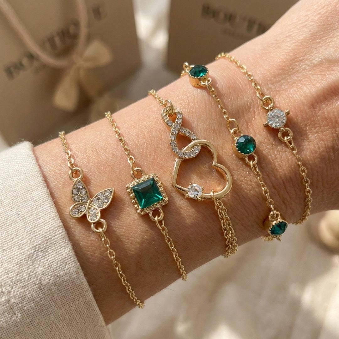 Green Crystal Heart Bracelet Set