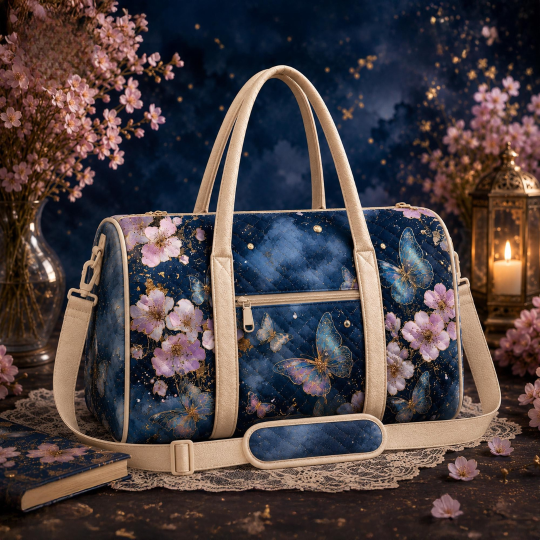 Midnight Cherry Blossom Quilted Travel Bag