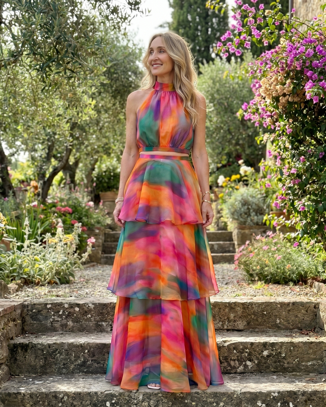 Liora | Natural Floral Halter Cutout Tiered Maxi Dress