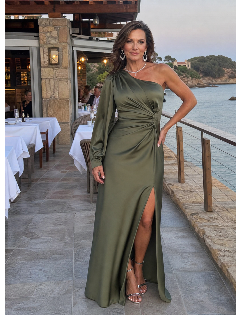 Elara | One-Shoulder Draped Slit Maxi Dress