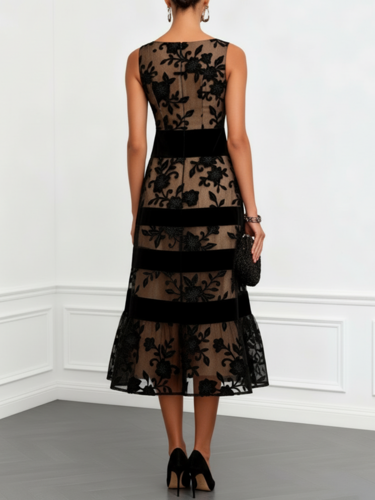 Black Floral A-Line Midi Dress