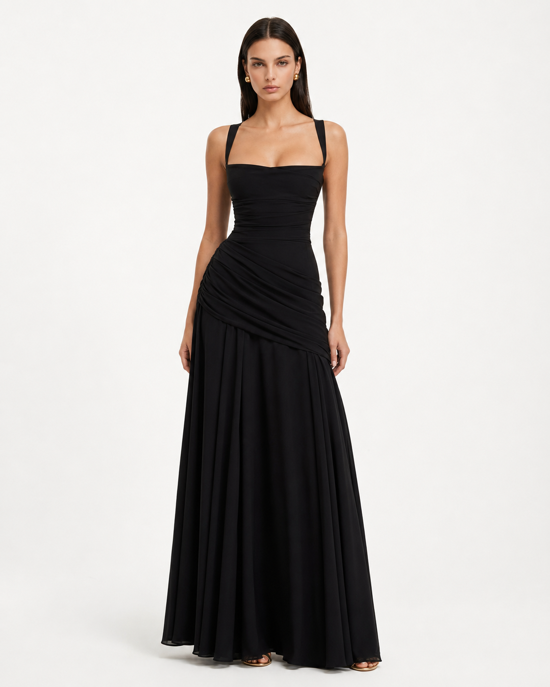 Enie | Ruched Square Neckline Maxi Dress