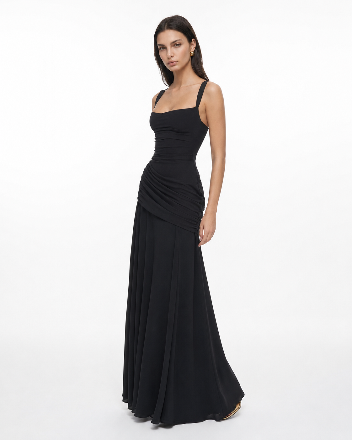 Enie | Ruched Square Neckline Maxi Dress