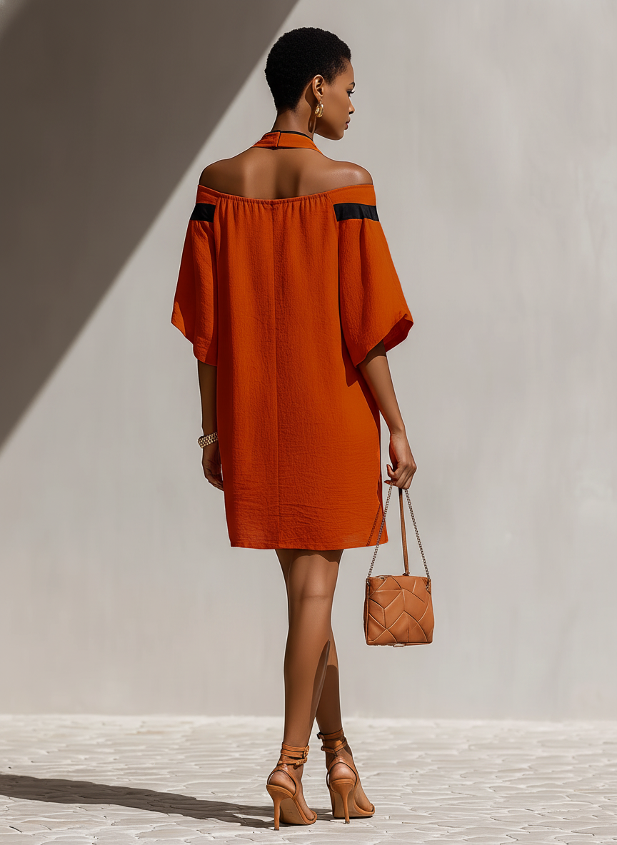 Women’s Orange Off-Shoulder Mini Dress With Black Bow