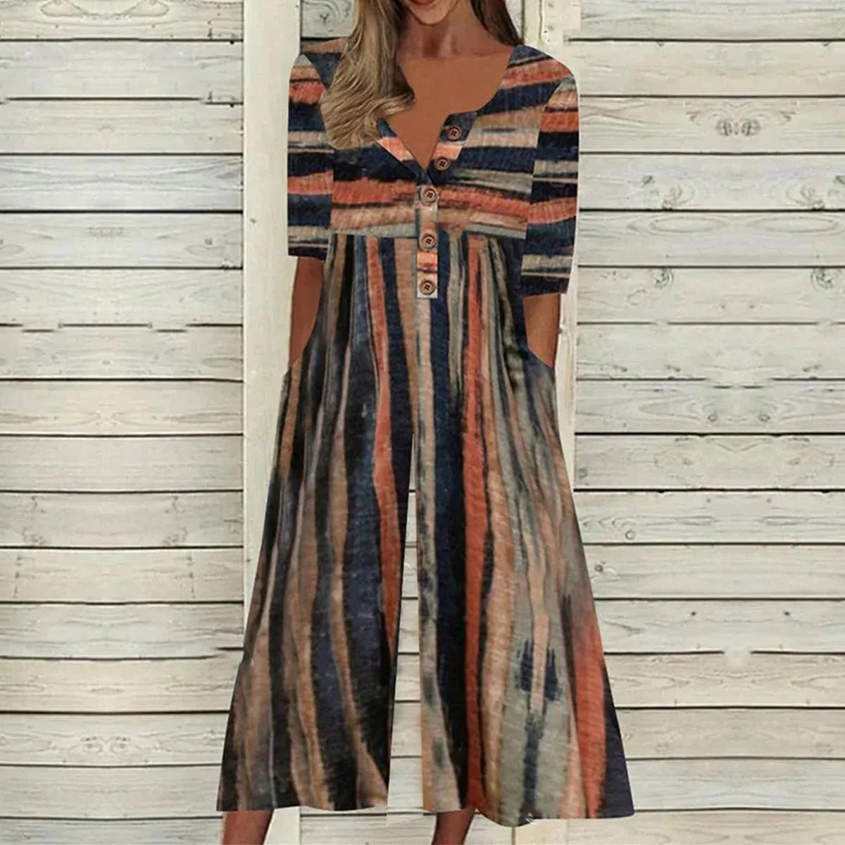 Hazel | Leaf Print V-Neck Jumpsuit with Short Sleeves and Wide Legs
