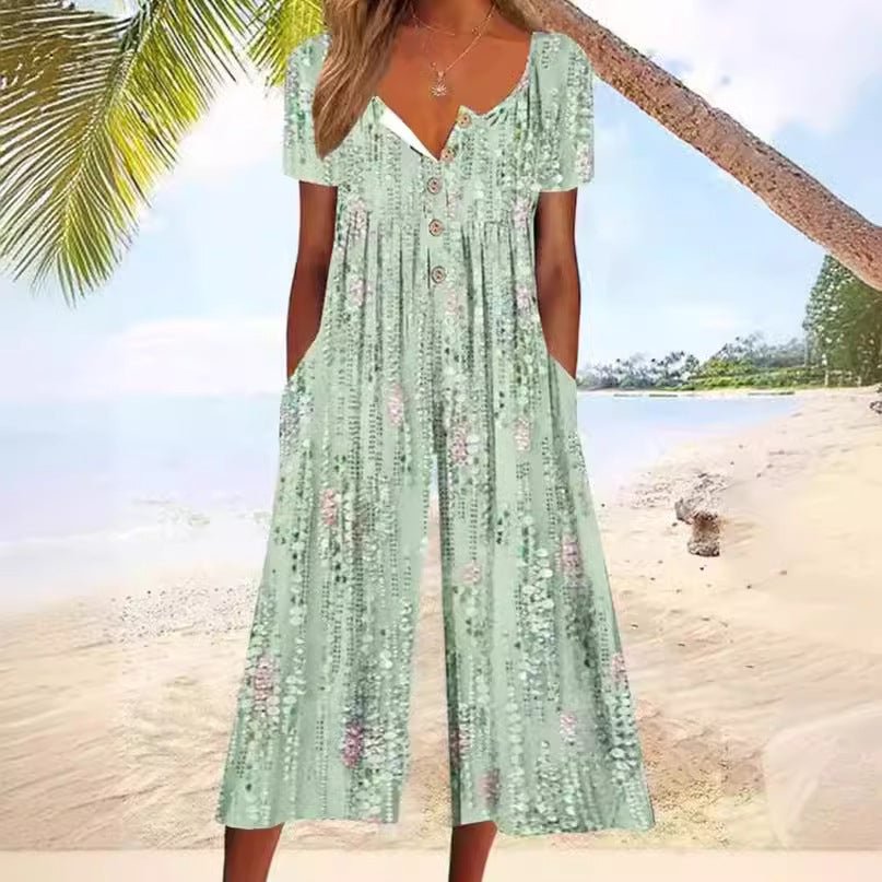 Hazel | Leaf Print V-Neck Jumpsuit with Short Sleeves and Wide Legs