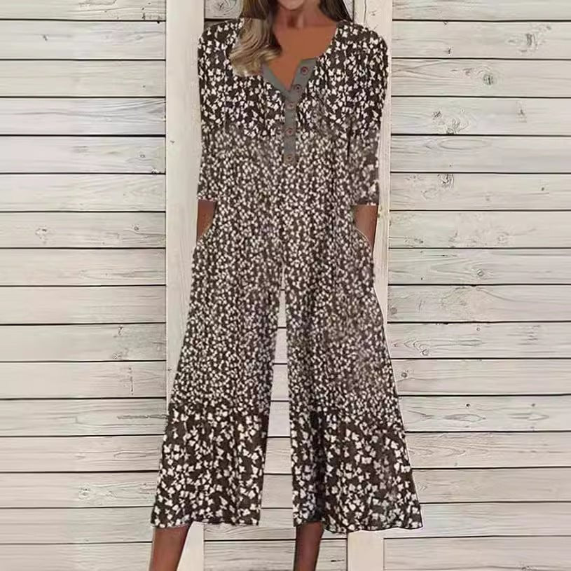 Hazel | Leaf Print V-Neck Jumpsuit with Short Sleeves and Wide Legs