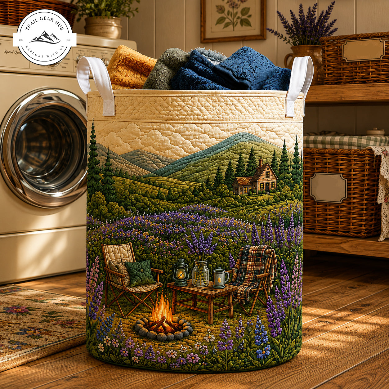 Lavender Mountain Cottage Campfire Quilted Laundry Basket TN01