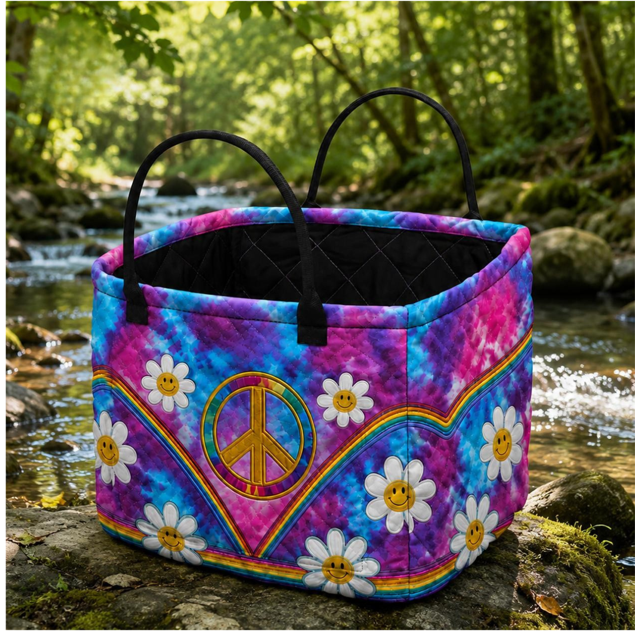 Hippie Peace Quilted Storage Basket