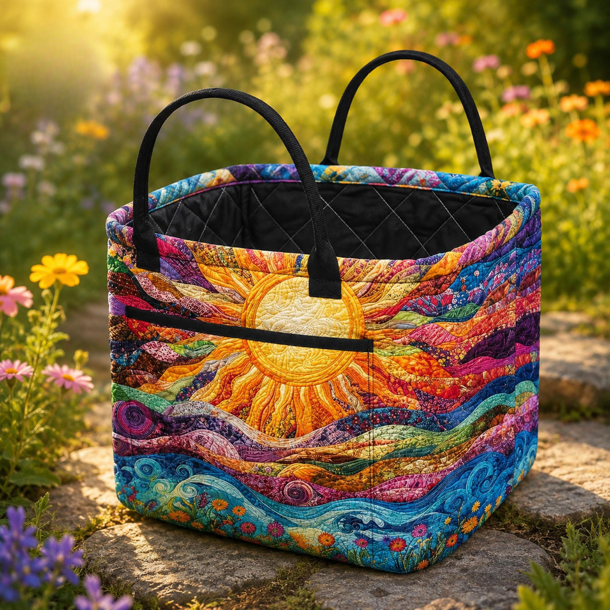 Vibrant Sunflower and Ocean Wave Quilted Storage Basket