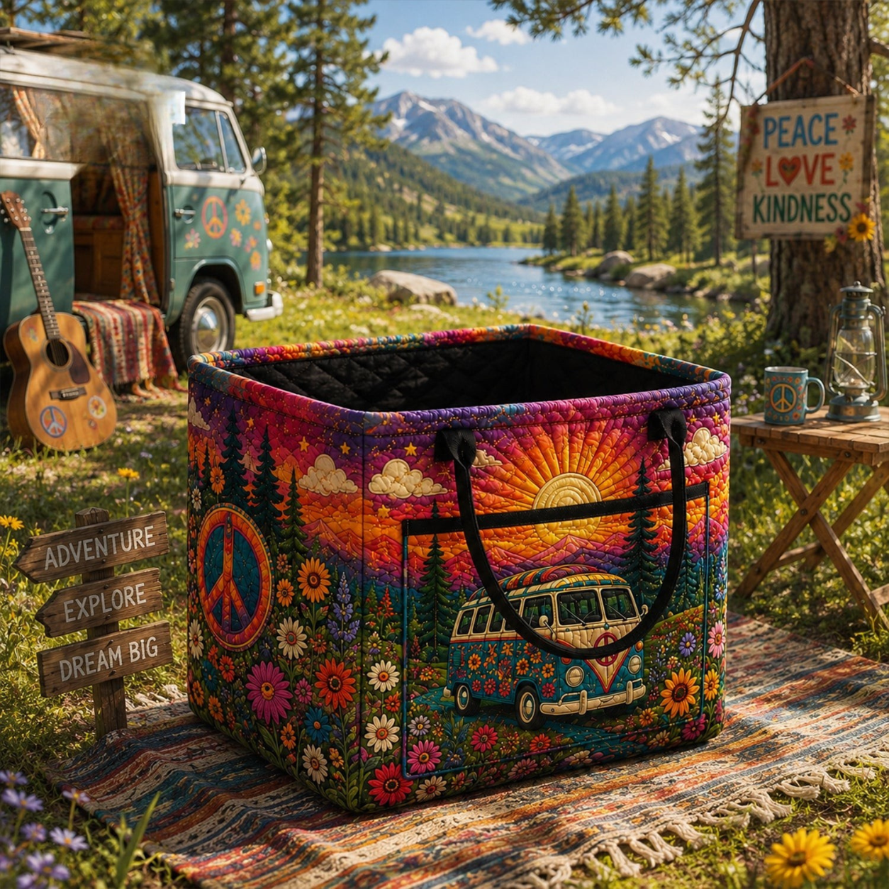 Colorful Hippie Bus Quilted Storage Basket