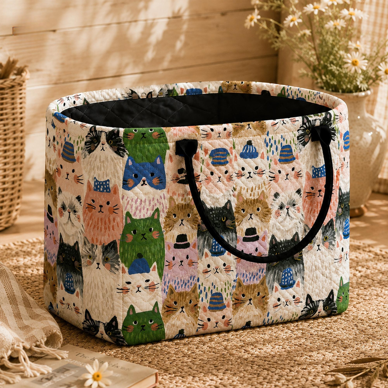 Cute Cat Printed Quilted Storage Basket