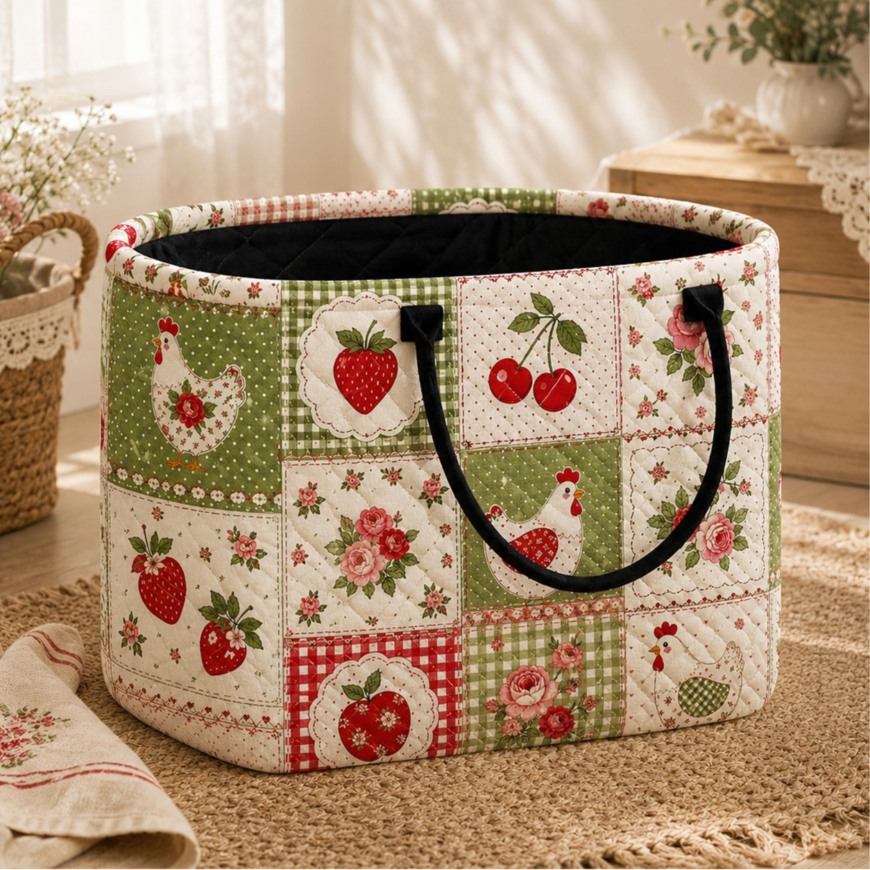 Rooster & Strawberry Fabric Quilted Storage Basket