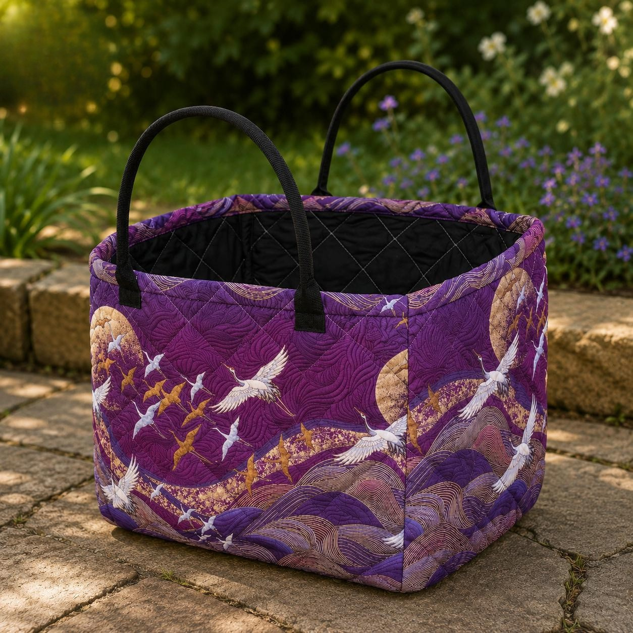 Purple Cranes & Waves Quilted Storage Basket