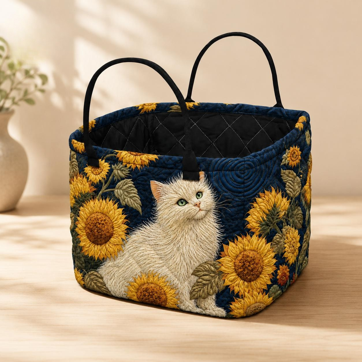 Sunflower and White Cat Quilted Storage Basket
