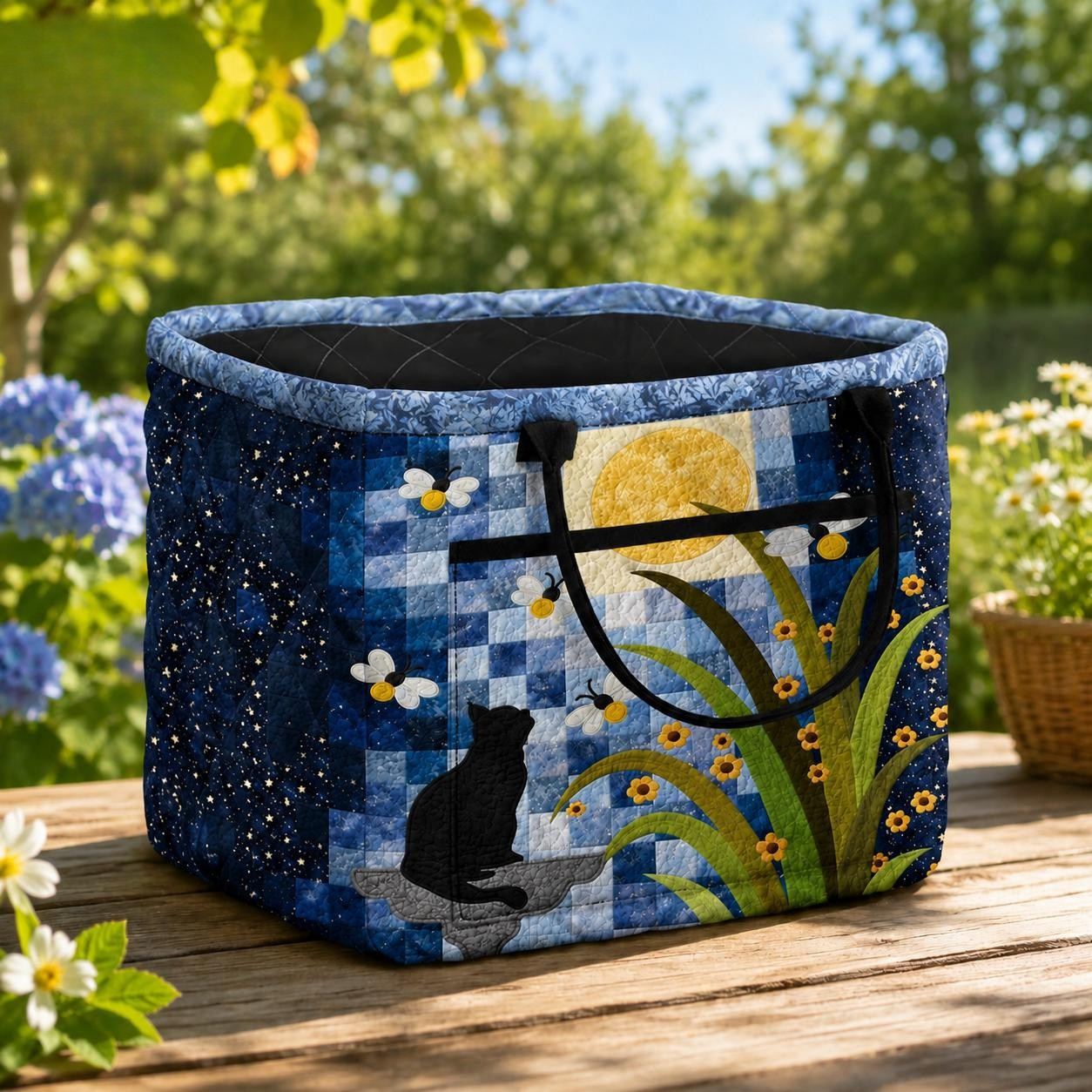 Cat & Moon Fabric Quilted Storage Basket