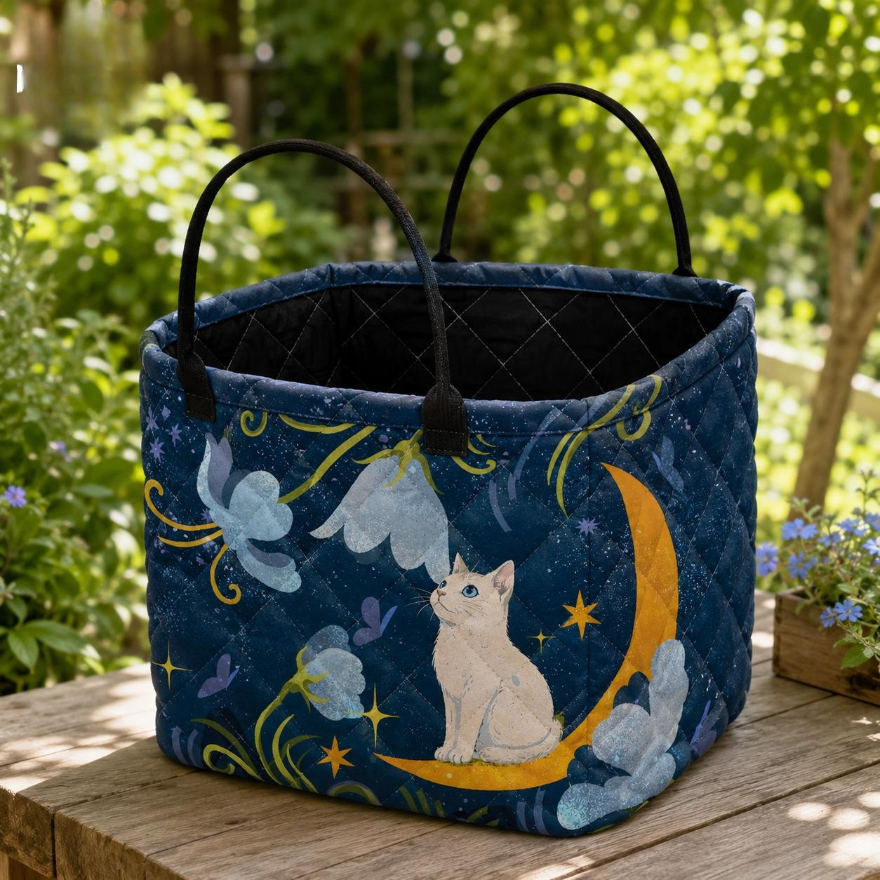 Cute Cat and Moon Quilted Storage Basket
