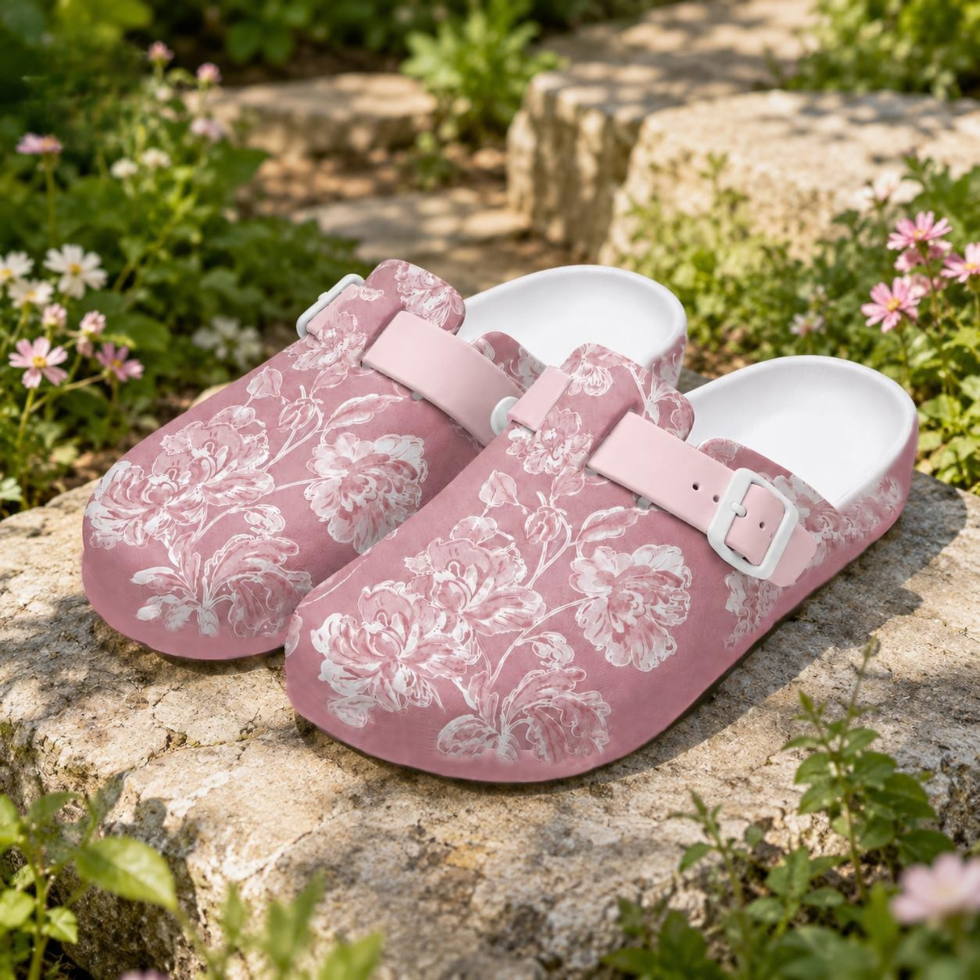 Vintage Pink Rose Floral Nurse Clogs