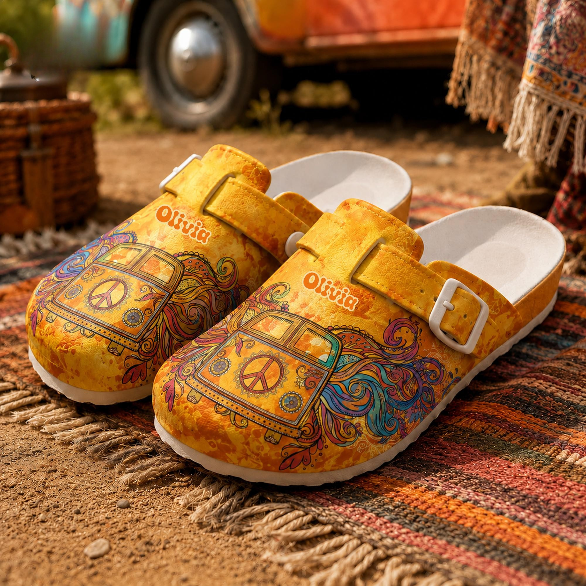 Hippie Peace Bus Personalized Nurse Clogs