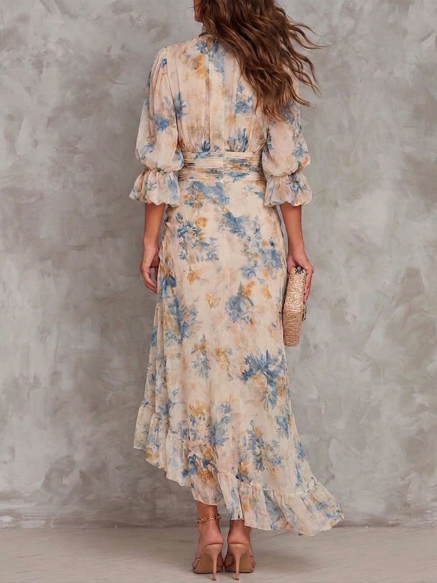 Beige Floral Ruffle Maxi Dress