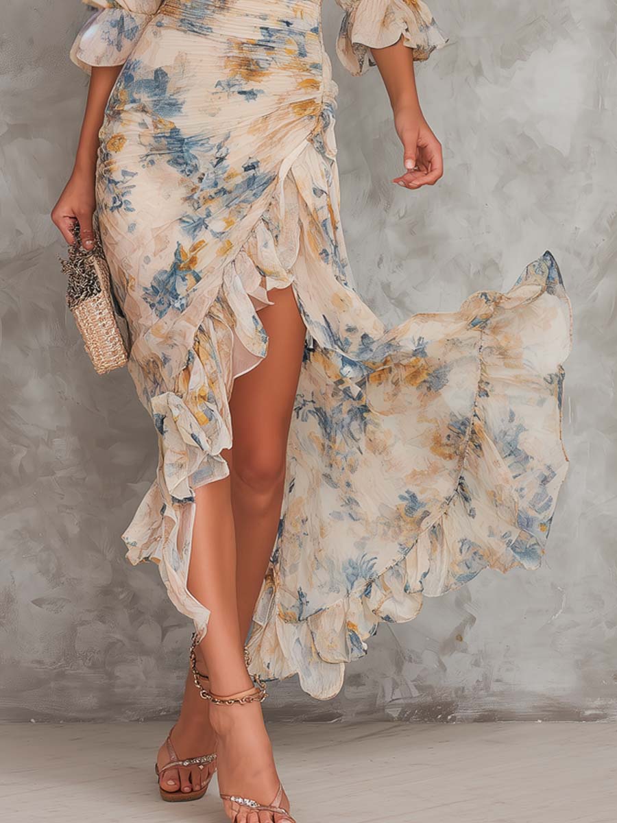 Beige Floral Ruffle Maxi Dress